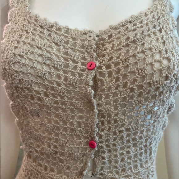 Y2K BOHO 💋 Beige Knit FESTIVAL Sleeveless Midi HIPPIE Vest Top Womens S - Picture 2 of 7